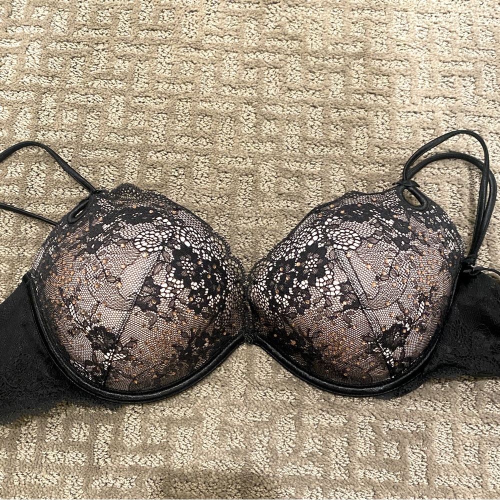 Pale baby pink and black lace VIC SECRET bra adorned w pinky peach rhinestones